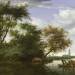 Wooded river landscape with figures and cattle on a ferryboat